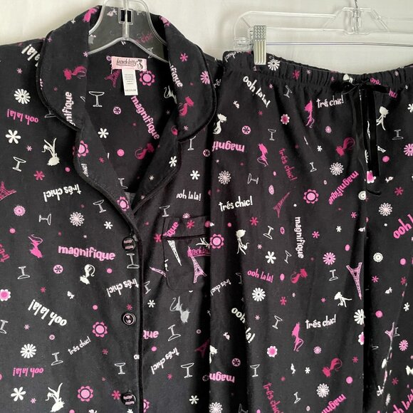French Kitty VTG Flannel Print Pajama SET Size M Black Pink 2 Piece PJ Top Pant - Picture 11 of 15